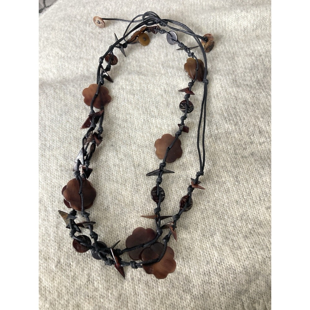 Natural Brown Shell Look Necklace Flower Disc Beads Adjustable Cord Earthy